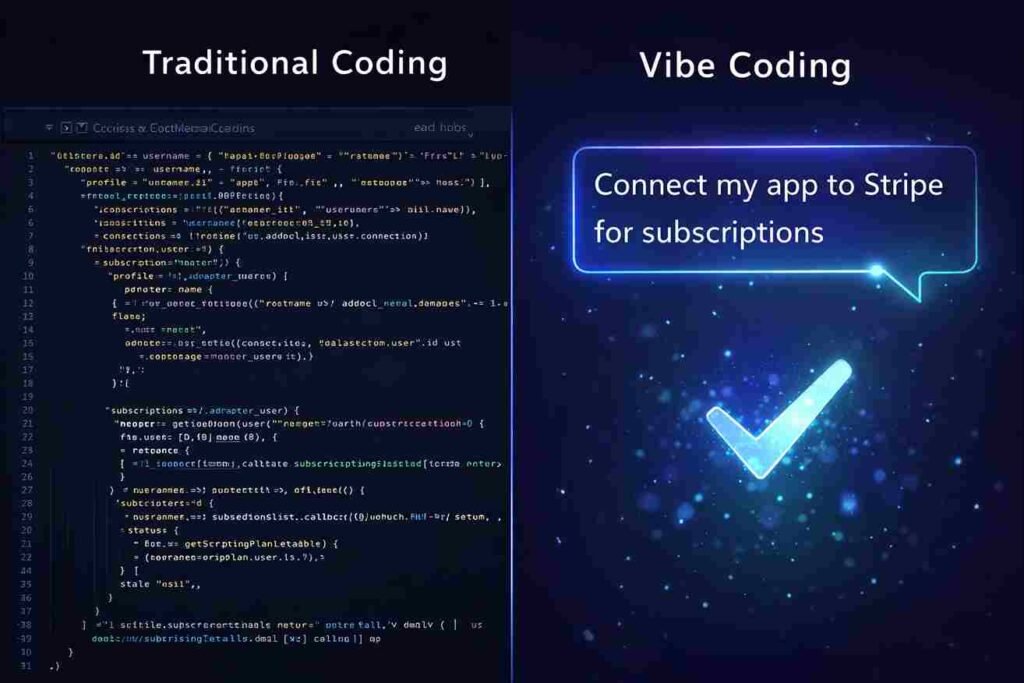 Comparison of traditional programming versus vibe coding workflows